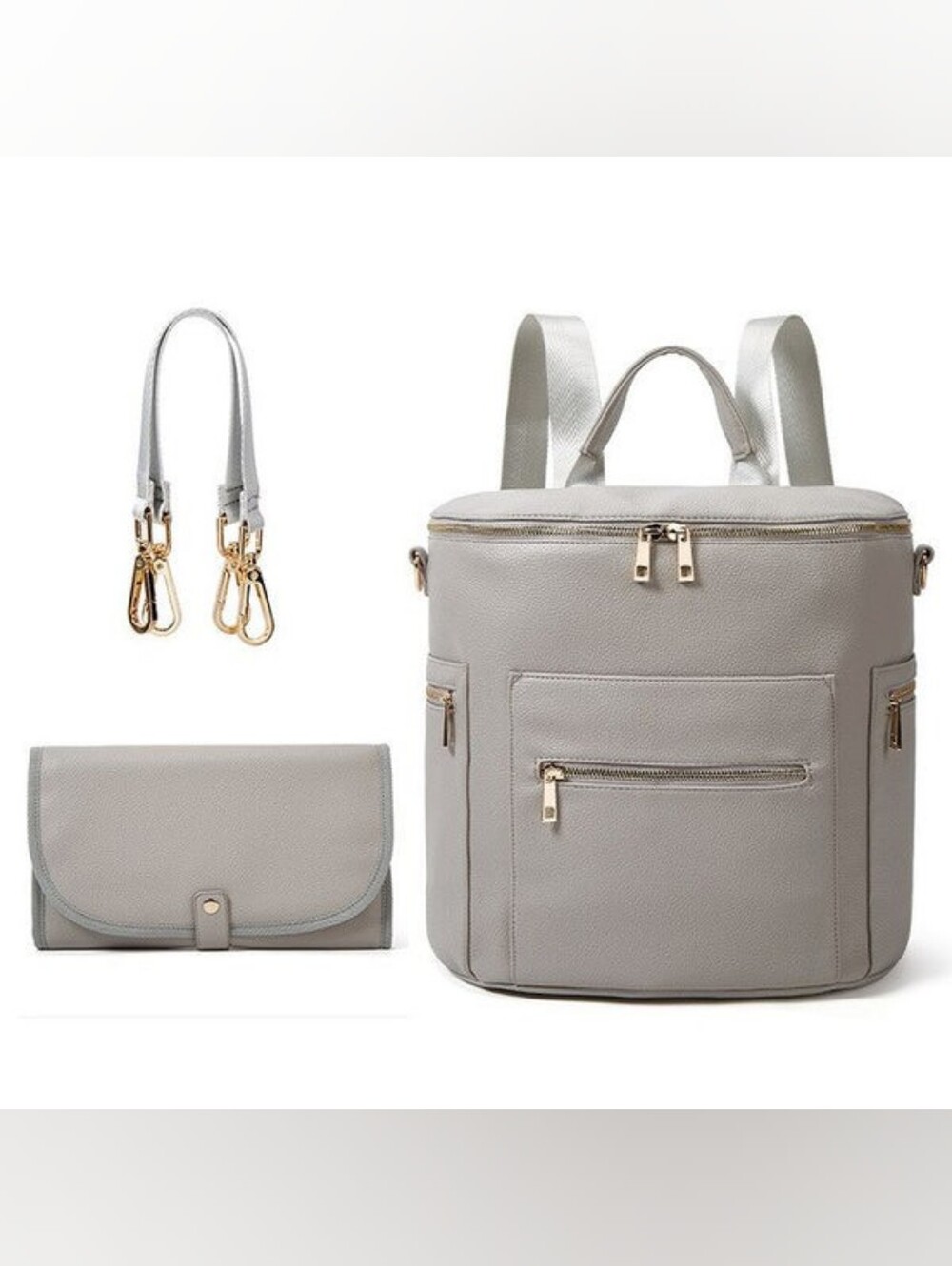 Miss Fong Grey Leather Convertible Diaper Bag Backpack ((Fawn))